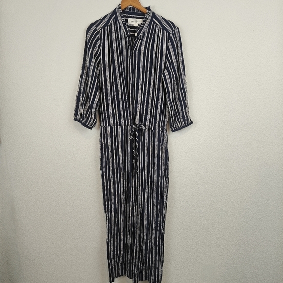TROVATA Birds Of Paradise Striped 3/4 Sleeves Navy White Cropped Jumpsuit Small - Picture 2 of 15